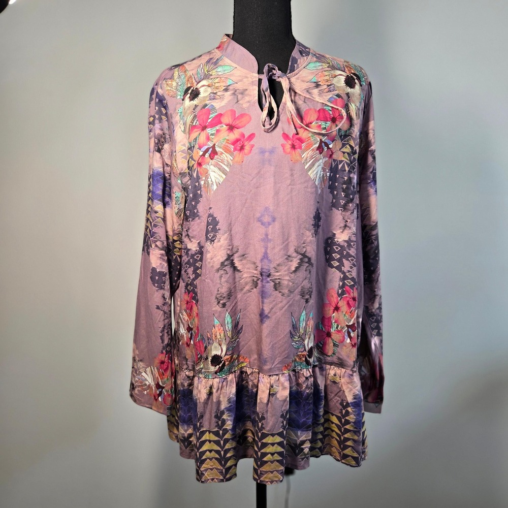 Tolani Collection Tunic Top Women M Purple Excellent Floral Geometric Boho Tie